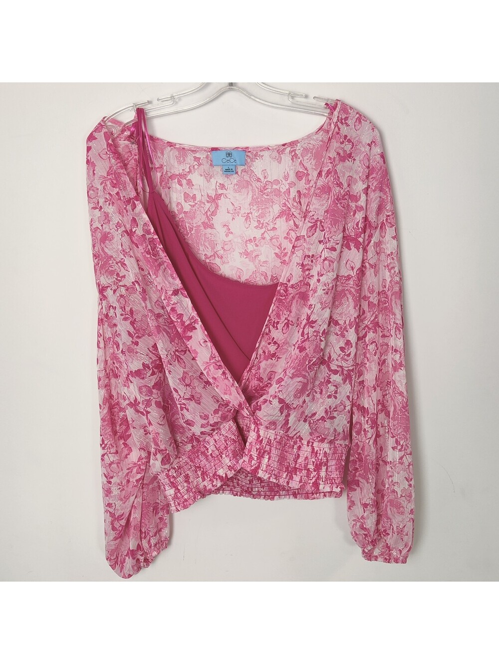 CeCe Pink Toile Floral Shimmer Surplice Cami Smocked Waist Blouse Large L